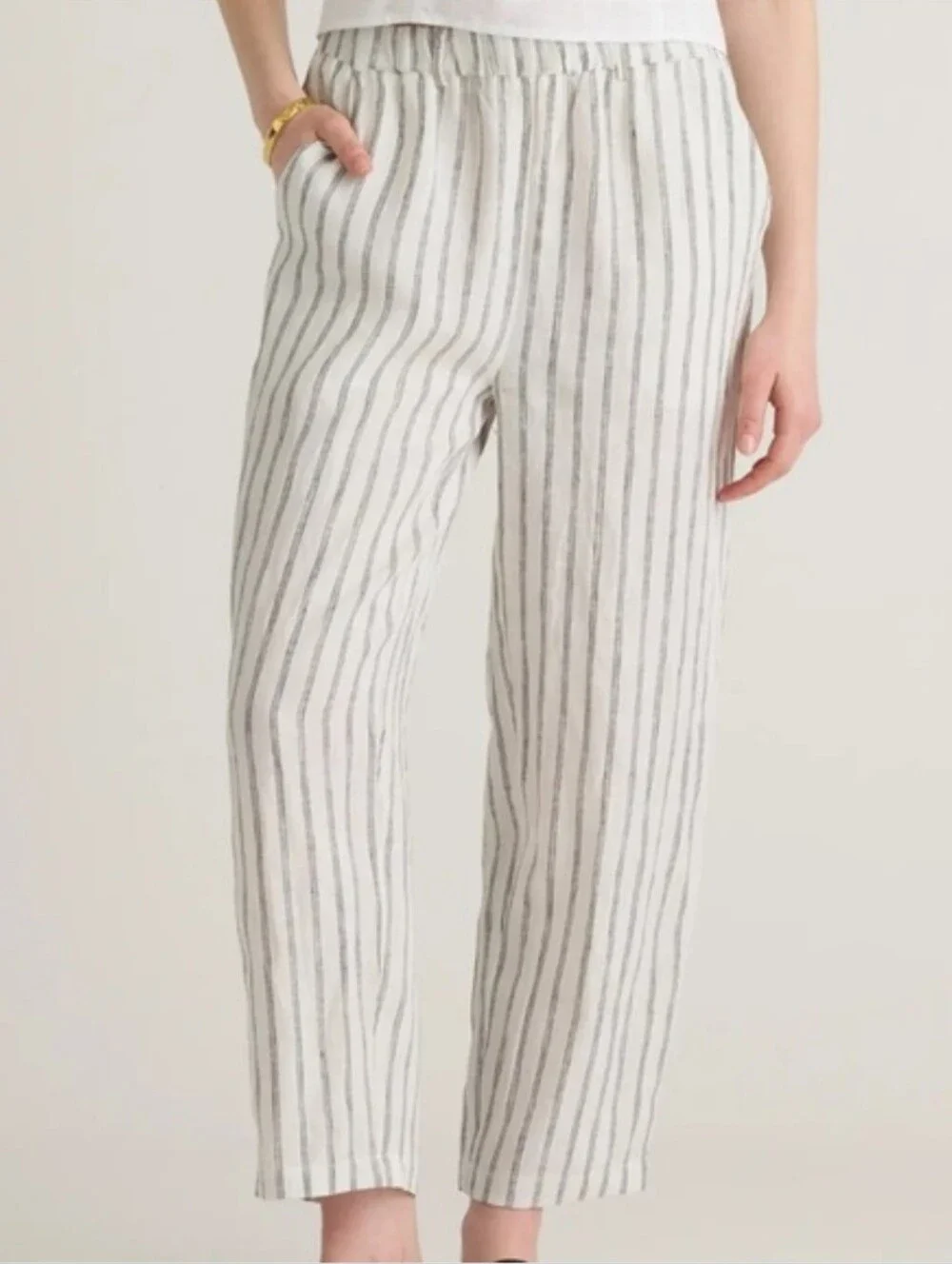 Quince Women's White Black Striped 100% Linen Trousers Size Small Summer